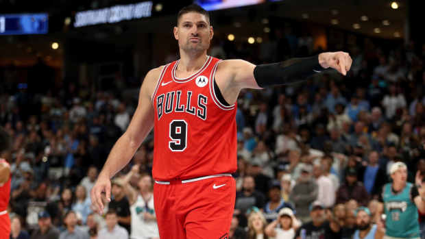 Oct 28, 2024; Memphis, Tennessee, USA; Chicago Bulls center Nikola Vucevic (9) reacts after a foul call during the second half against the Memphis Grizzlies at FedExForum. Mandatory Credit: Petre Thomas-Imagn Images