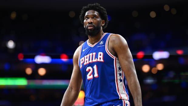 Philadelphia 76ers center Joel Embiid (21) looks on against the Dallas Mavericks in the third quarter at Wells Fargo Center.