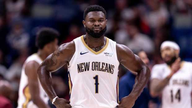 New Orleans Pelicans forward Zion Williamson (1) looks on against the Indiana Pacers during the first half at Smoothie King Center.