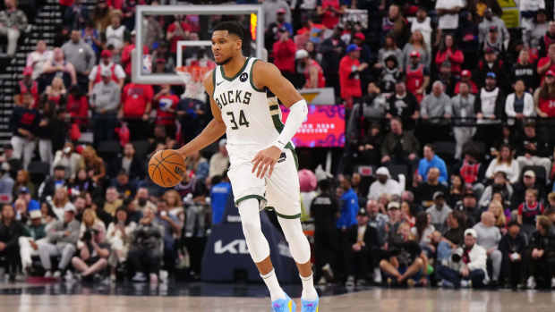 Inglewood, California, USA; Milwaukee Bucks forward Giannis Antetokounmpo (34) dribbles the ball against the LA Clippers in the second half at Intuit Dome.