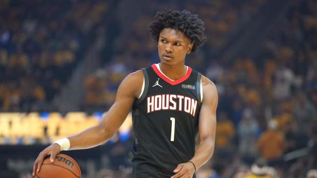 Apr 26, 2025; San Francisco, California, USA; Houston Rockets forward Amen Thompson (1) before game three of first round for the 2024 NBA Playoffs against the Golden State Warriors at Chase Center. Mandatory Credit: Darren Yamashita-Imagn Images  