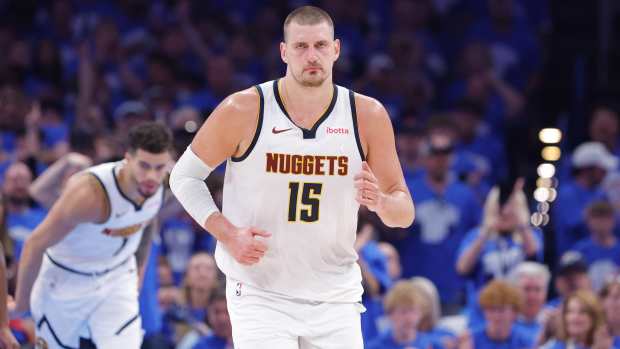 Denver Nuggets center Nikola Jokic (15) runs down the court against the Oklahoma City Thunder in the second quarter during game seven of the second round for the 2025 NBA Playoffs at Paycom Center.