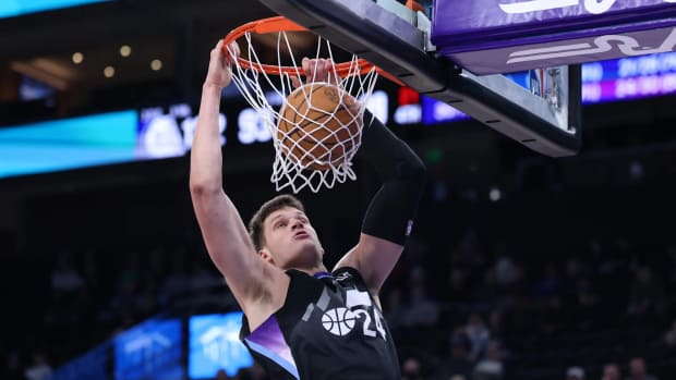 Mar 3, 2025; Salt Lake City, Utah, USA; Utah Jazz center Walker Kessler (24) dunks against the Detroit Pistons during the second half at Delta Center. Mandatory Credit: Rob Gray-Imagn Images
