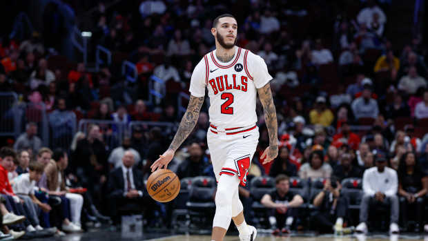 Chicago Bulls guard Lonzo Ball (2) dribbles the Ball up the court at the United Center.
