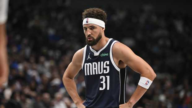 Oct 24, 2024; Dallas, Texas, USA; Dallas Mavericks guard Klay Thompson (31) during the game between the Dallas Mavericks and the San Antonio Spurs at the American Airlines Center. Mandatory Credit: Jerome Miron-Imagn Images