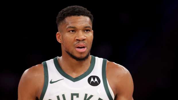 Milwaukee Bucks forward Giannis Antetokounmpo (34) reacts during the third quarter against the New York Knicks at Madison Square Garden.