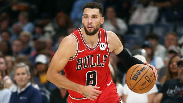 Oct 28, 2024; Memphis, Tennessee, USA; Chicago Bulls guard Zach LaVine (8) dribbles during the second half against the Memphis Grizzlies at FedExForum.