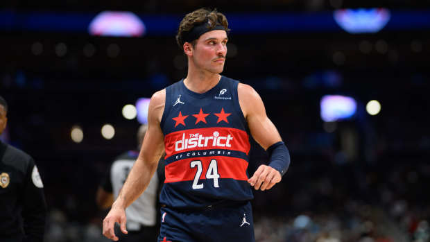 Oct 26, 2024; Washington, District of Columbia, USA; Washington Wizards forward Corey Kispert (24) looks on from the sideline during the second quarter against the Cleveland Cavaliers at Capital One Arena.