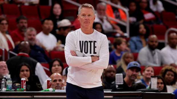 Nov 2, 2024; Houston, Texas, USA; Golden State Warriors head coach Steve Kerr on the sideline against the Houston Rockets during the first quarter at Toyota Center.