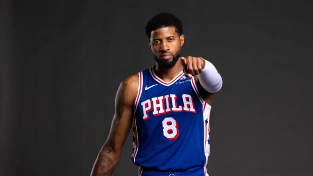 Sep 30, 2024; Camden, NJ, USA; Philadelphia 76ers forward Paul George (8) poses for a photo on media day at the Philadelphia 76ers Training Complex.