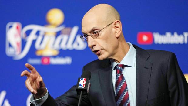 NBA commissioner Adam Silver talks to media before game one of the 2022 NBA Finals between the Golden State Warriors and the Boston Celtics at Chase Center.