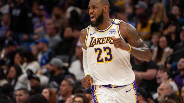 Dec 21, 2024; Sacramento, California, USA; Los Angeles Lakers forward LeBron James (23) calls out to his team mates during the fourth quarter of the game against the Sacramento Kings at Golden 1 Center. Mandatory Credit: Ed Szczepanski-Imagn Images