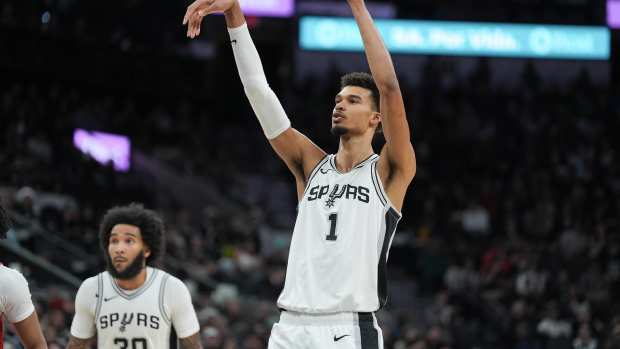 San Antonio Spurs center Victor Wembanyama (1) watches a free throw in the second half against the Portland Trail Blazers at Frost Bank Center.