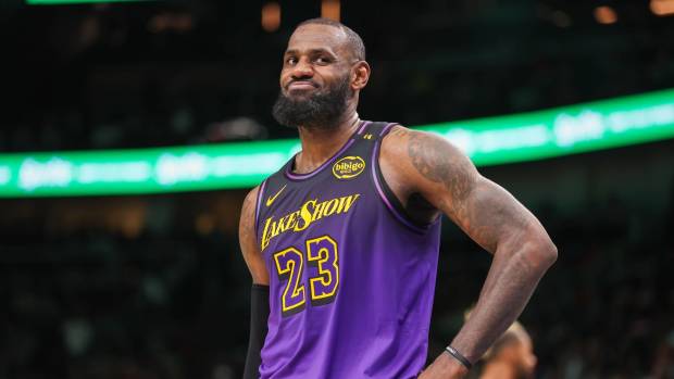 Los Angeles Lakers forward LeBron James (23) in action against the Atlanta Hawks in the third quarter at State Farm Arena. Mandatory Credit: Brett Davis-Imagn Images