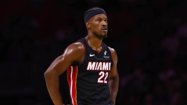 Miami Heat forward Jimmy Butler (22) looks on against the New York Knicks during the second quarter at Kaseya Center.