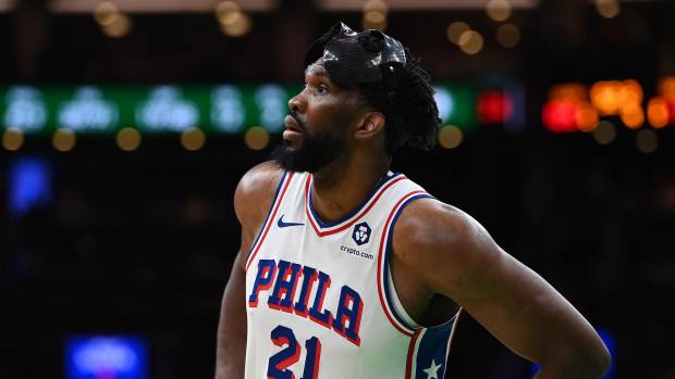  Philadelphia 76ers center Joel Embiid (21) waits during a timeout during the second half against the Boston Celtics at TD Garden. Mandatory Credit: Eric Canha-Imagn Images