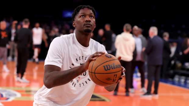 Brooklyn Nets forward Dorian Finney-Smith (28) warms up before a game against the New York Knicks at Madison Square Garden.