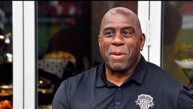 Washington, District of Columbia, USA; Washington Commanders owner Magic Johnson before the game against Portland Thorns FC at Audi Field. Mandatory Credit: Brad Mills-Imagn Images