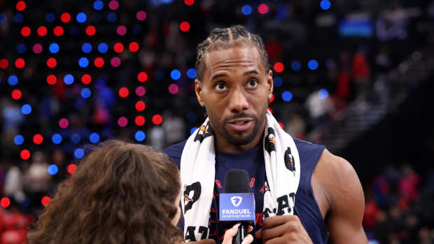 Los Angeles Clippers forward Kawhi Leonard (2) talks during a post game interview after defeating the Atlanta Hawks at Intuit Dome.