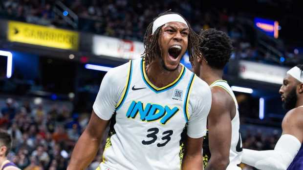 Indiana Pacers center Myles Turner (33) celebrates after a basket against the Phoenix Suns in the second half at Gainbridge Fieldhouse.