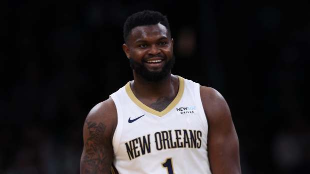 New Orleans Pelicans forward Zion Williamson (1) reacts during the second half against the Boston Celtics at TD Garden.