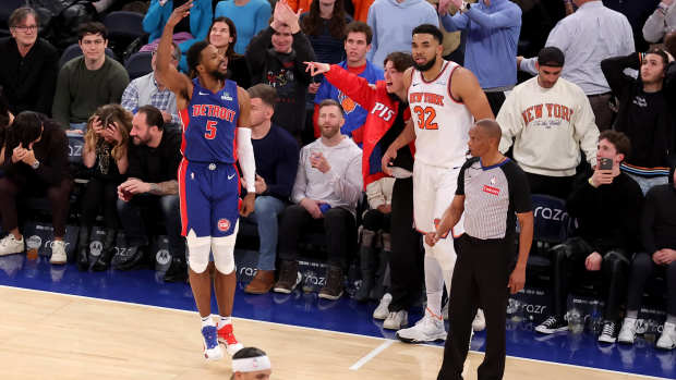 New York, New York, USA; Detroit Pistons guard Malik Beasley (5) celebrates his three point shot against New York Knicks center Karl-Anthony Towns (32) during the fourth quarter at Madison Square Garden. Mandatory Credit: Brad Penner-Imagn Images