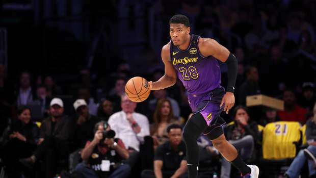 Los Angeles Lakers forward Rui Hachimura (28) dribbles the ball during the second quarter against the San Antonio Spurs at Crypto.com Arena.