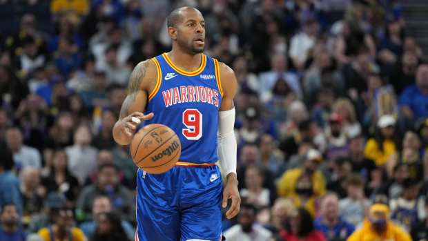 Golden State Warriors forward Andre Iguodala (9) dribbles during the third quarter against the Los Angeles Lakers at Chase Center.