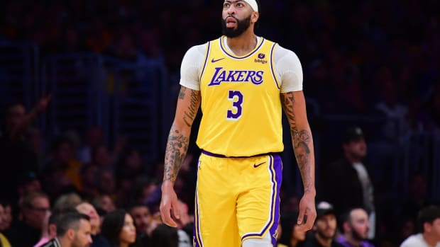 Los Angeles Lakers forward Anthony Davis (3) reacts during the first half in game three of the first round for the 2024 NBA playoffs at Crypto.com Arena.