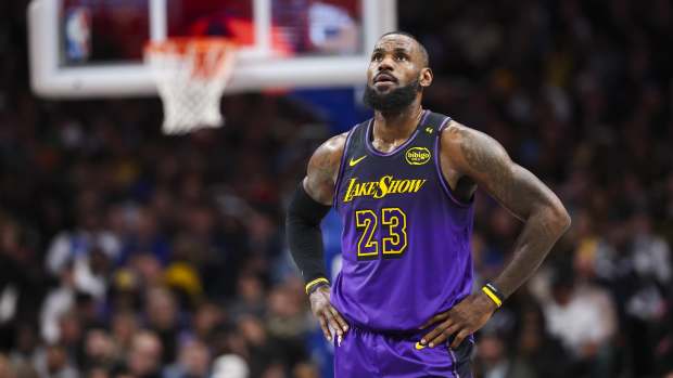 Los Angeles Lakers forward LeBron James (23) reacts against the Dallas Mavericks during the second half at American Airlines Center.