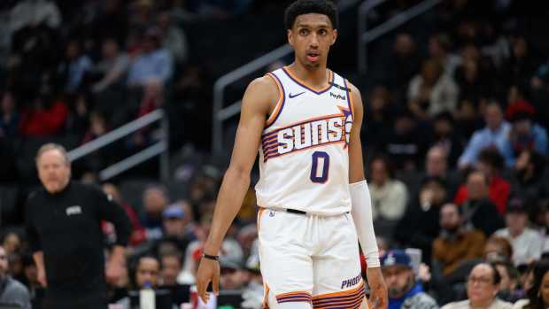 Phoenix Suns forward Ryan Dunn (0) looks on during the fourth quarter against the Washington Wizards at Capital One Arena.