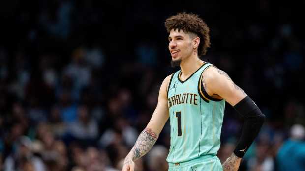 Charlotte Hornets guard LaMelo Ball (1) reacts during the fourth quarter against the New Orleans Pelicans at Spectrum Center.