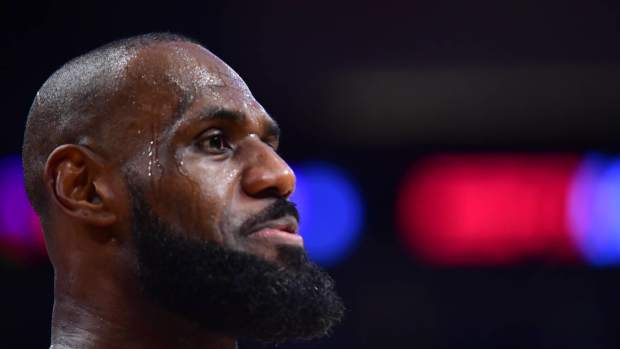 Los Angeles Lakers forward LeBron James (23) reacts during the first half at Crypto.com Arena.