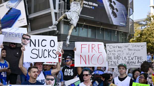  Dallas Mavericks fans gather outside the arena before the game between the Dallas and the Houston Rockets to protest the Nico Harrison trade of former Mavericks point guard Luka Doncic to the Los Angeles Lakers. Mandatory Credit: Jerome Miron-Imagn Images