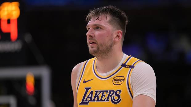 Los Angeles Lakers guard Luka Doncic (77) looks on from the court against the Utah Jazz at Crypto.com Arena.