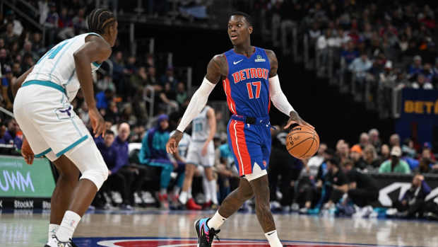 Detroit Pistons newly acquired guard, Dennis Schroder (17) dribbles the ball up the court in the second quarter at Little Caesars Arena.