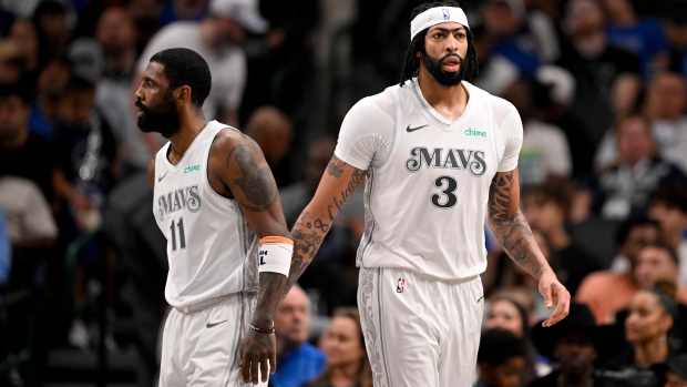 Dallas, Texas, USA; Dallas Mavericks guard Kyrie Irving (11) and forward Anthony Davis (3) during the game between the Dallas Mavericks and the Houston Rockets at the American Airlines Center. Mandatory Credit: Jerome Miron-Imagn Images