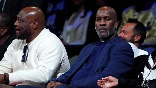 NBA former player Gary Payton looks during the first quarter of the NBA In Season Tournament Semifinal between the Indiana Pacers and the Milwaukee Bucks at T-Mobile Arena.