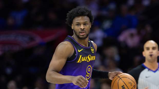 Los Angeles Lakers guard Bronny James (9) controls the ball against the Philadelphia 76ers at Wells Fargo Center.