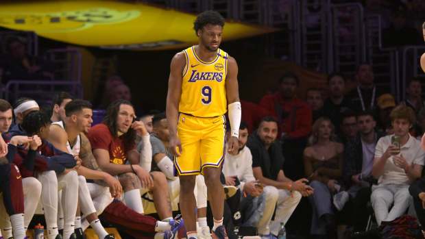 Mar 19, 2025; Los Angeles, California, USA; Los Angeles Lakers guard Bronny James (9) on the court during the second half against the Denver Nuggets at Crypto.com Arena. Mandatory Credit: Jayne Kamin-Oncea-Imagn Images