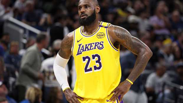 Los Angeles Lakers forward LeBron James (23) looks on against the Orlando Magic in the second quarter at Kia Center.