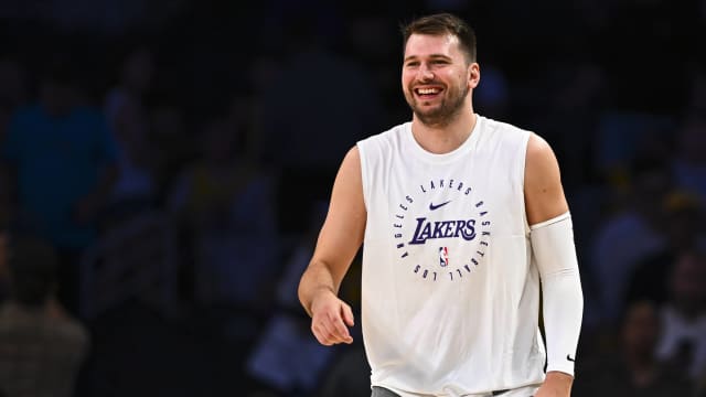 Los Angeles Lakers guard Luka Doncic (77) reacts before the game against the Houston Rockets at Crypto.com Arena.