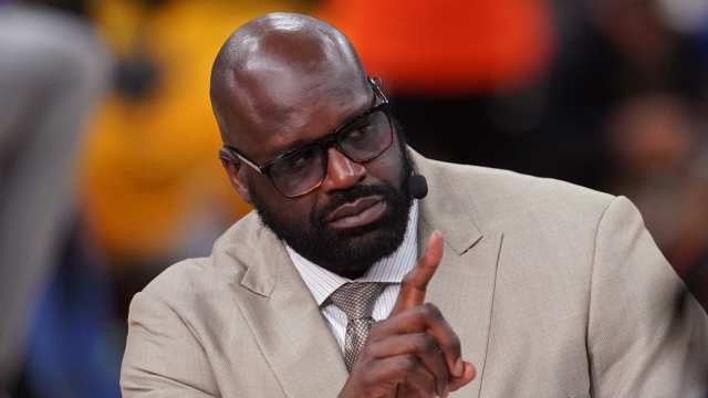 Jun 5, 2022; San Francisco, California, USA; NBA analyst and former player Shaquille O'Neal speaks before the game between the Golden State Warriors and the Boston Celtics during game two of the 2022 NBA Finals at Chase Center.