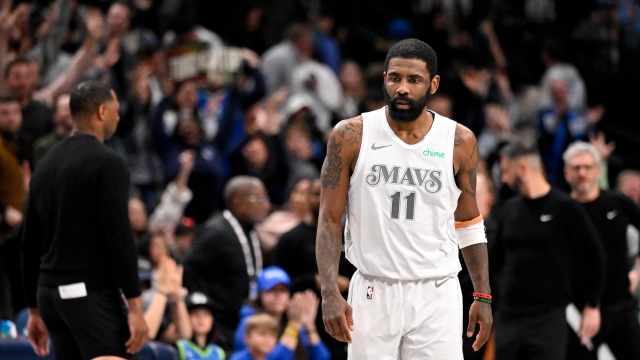 Dallas, Texas, USA; Dallas Mavericks guard Kyrie Irving (11) looks on after he makes a three point shot against the New Orleans Pelicans during the second half at the American Airlines Center. Mandatory Credit: Jerome Miron-Imagn Images