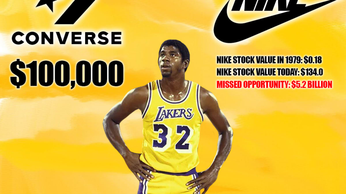 Magic Johnson Chose Converse Over Nike And Missed A Chance To Earn 5.2 Billion Nike Offered Him 1 For Every Pair Of Shoes Sold And 100 00 Shares Worth 0.18 At The Time Fadeaway World