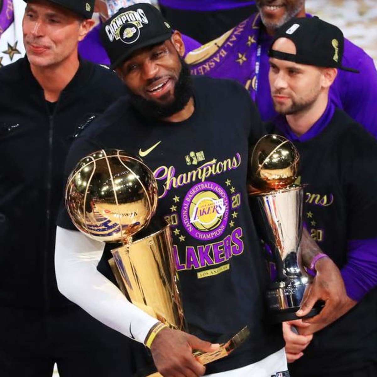 LeBron James of the Los Angeles Lakers holds the Larry O'Brien