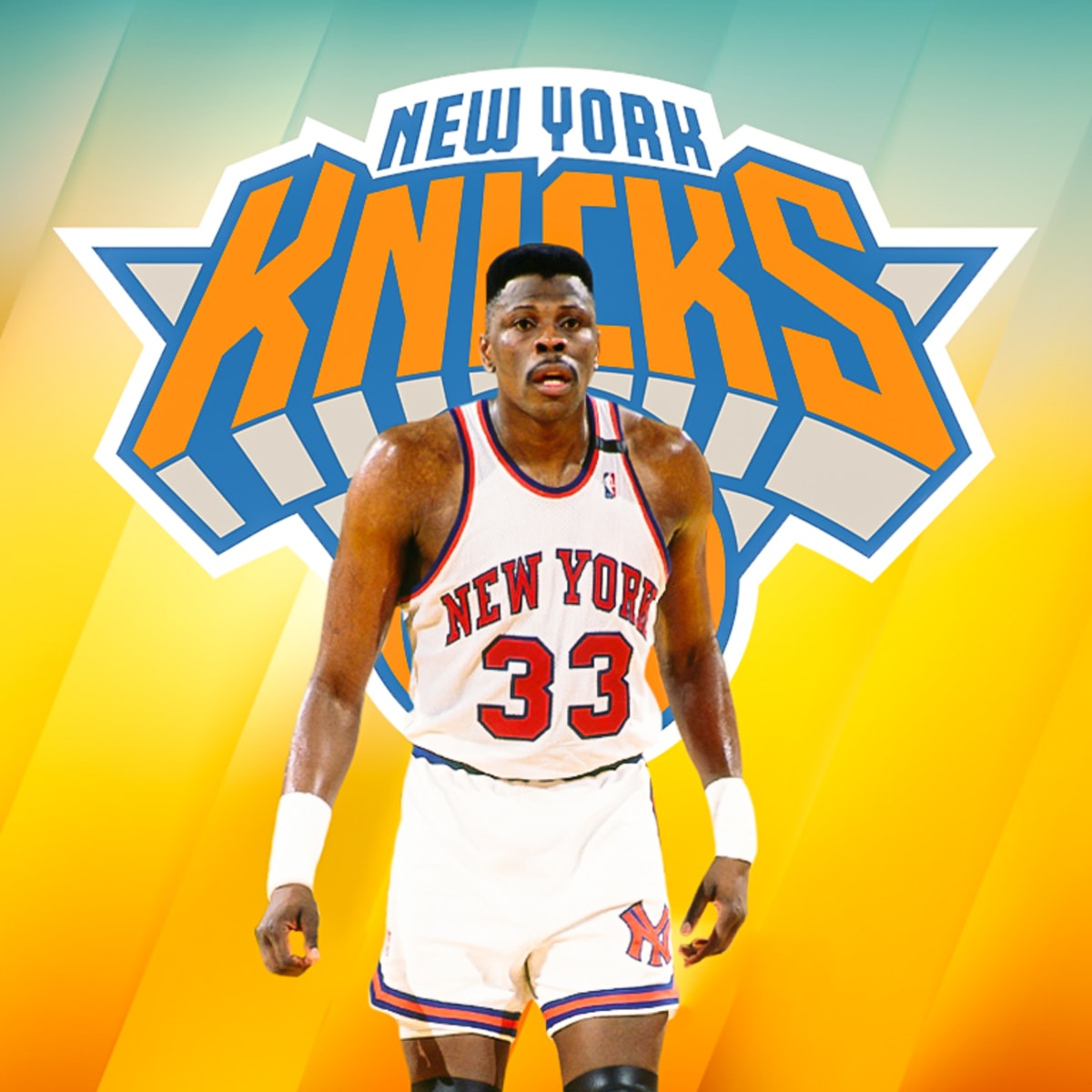New York Knicks Patrick Ewing sits dejectedly on the bench in the