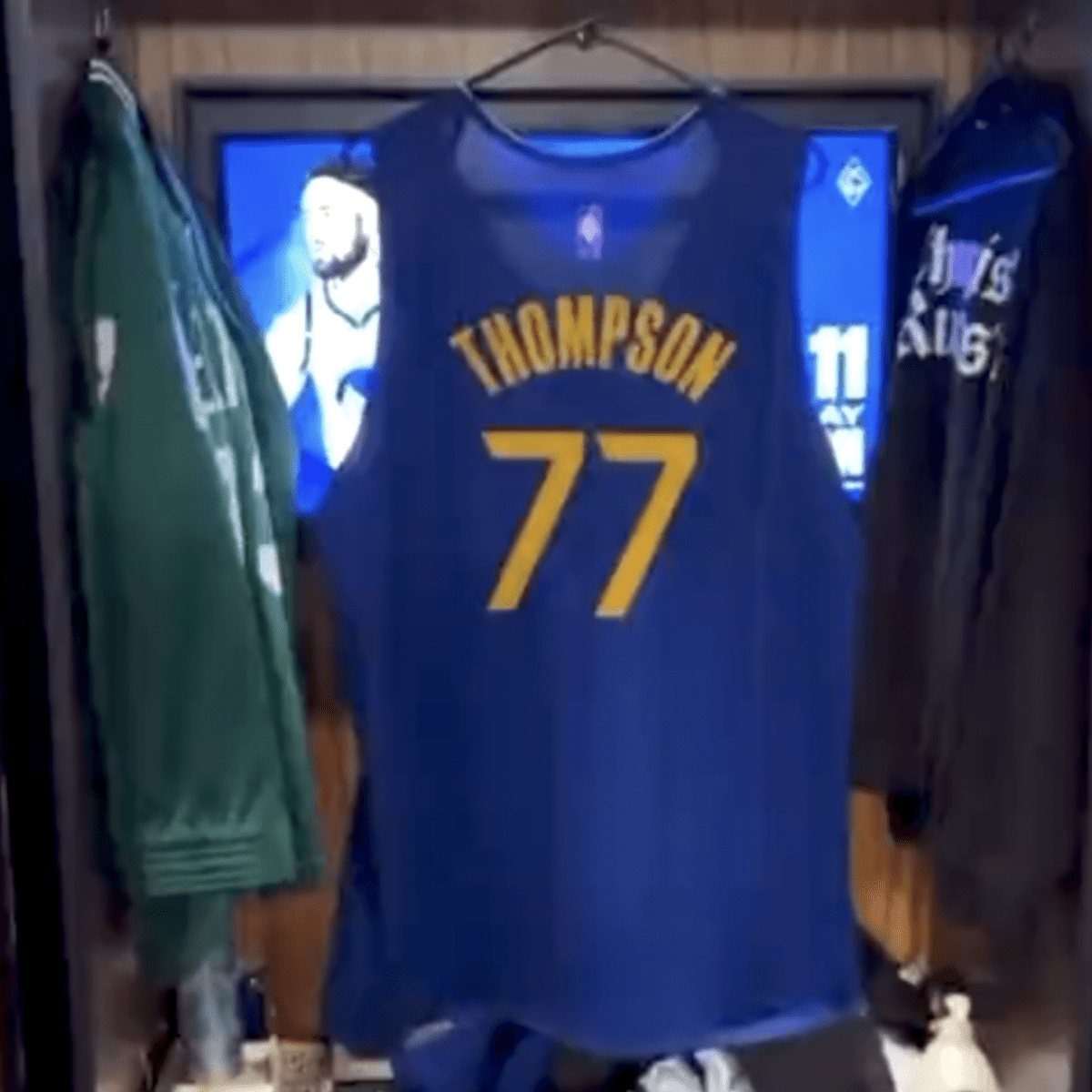 Klay while rocking the No. 77 jersey Draymond and Steph made for him: 77th  best player of all time, baby! : r/nba