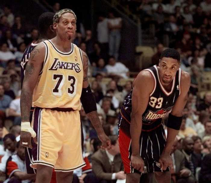 Los Angeles Lakers' Dennis Rodman, left, and Houston Rockets' Scottie Pippen stand at the foul line for their first meeting since both players were teammates on the Chicago Bulls Sunday, Feb. 28, 1999, in Inglewood, Calif.(AP Photo/Kevork Djansezian)