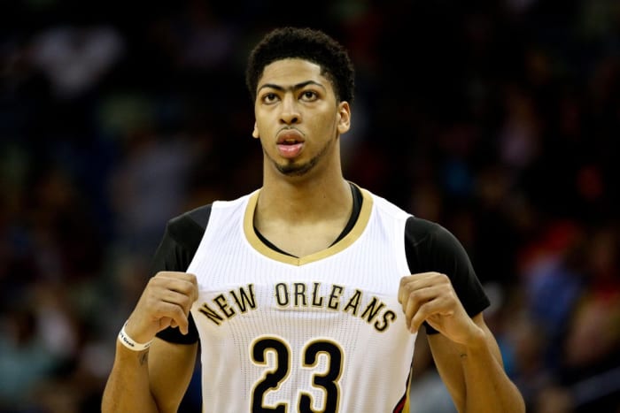Mar 4, 2015; New Orleans, LA, USA; New Orleans Pelicans forward Anthony Davis (23) against the Detroit Pistons during the second half of a game at the Smoothie King Center. The Pelicans defeated the Pistons 88-85. Mandatory Credit: Derick E. Hingle-USA TODAY Sports